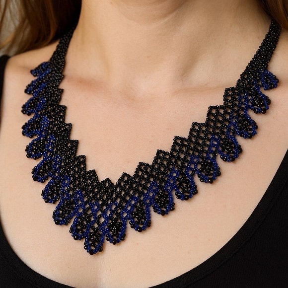 Artisan Accessories - Handmade Beaded Necklace – Black & Blue Seed Bead Choker, Boho Festival Jewelry.